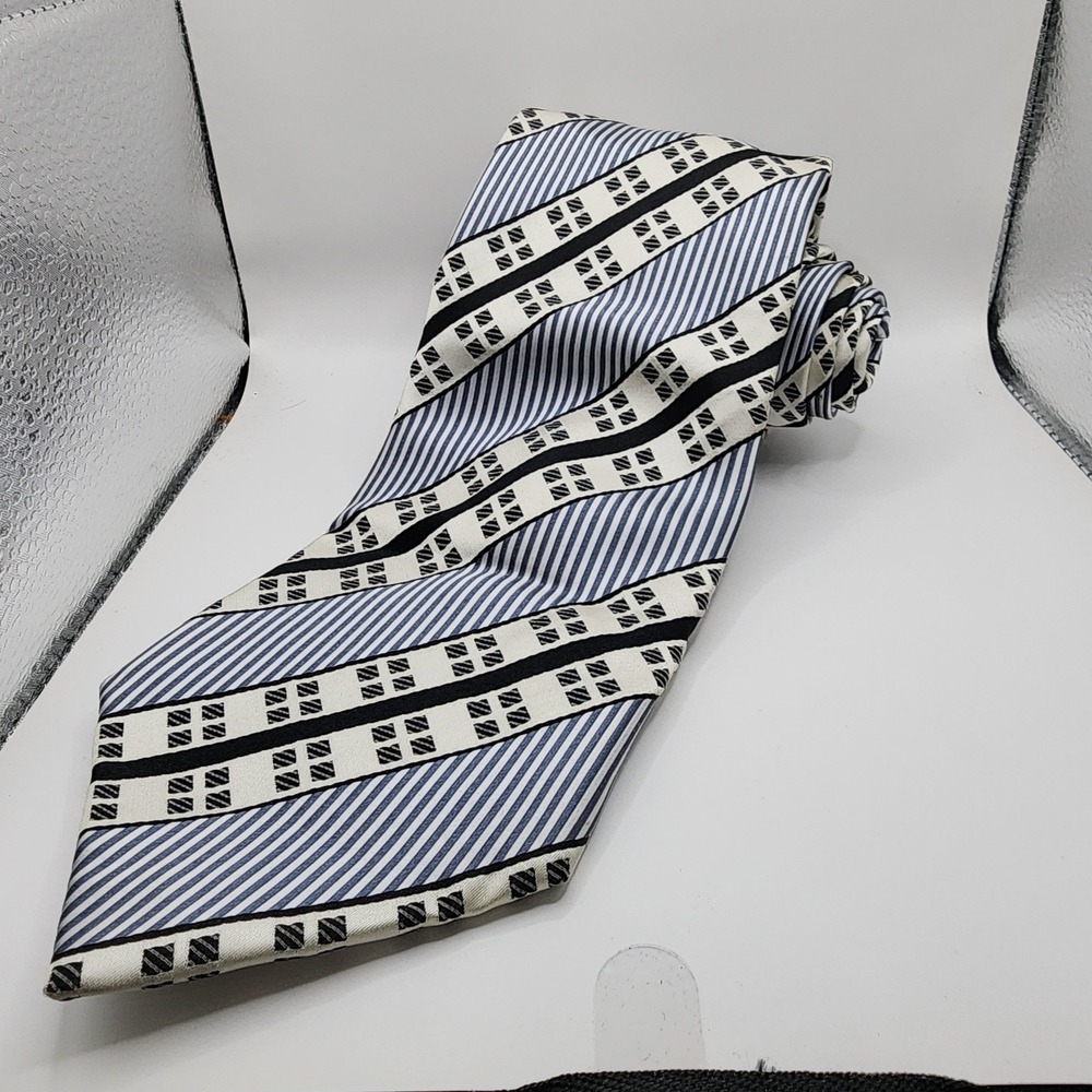 Steve Harvey Necktie Mens Blue Black‎ White Geometric Striped Silk Hand Made